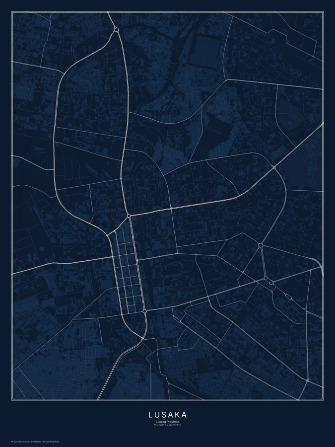 Lusaka map poster, midnight style