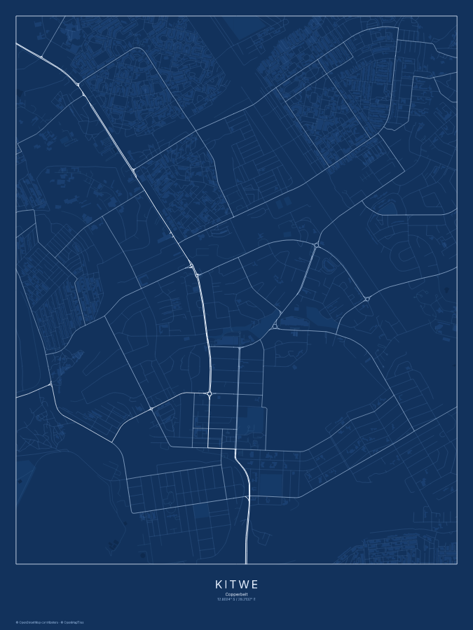 Kitwe map poster, blueprint style