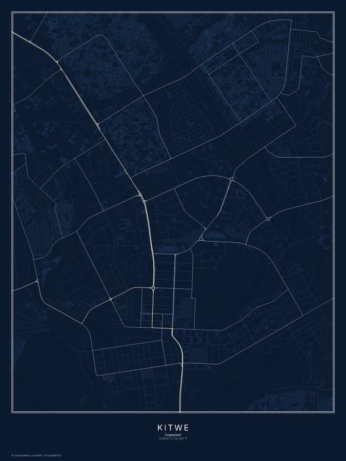 Kitwe map poster, midnight style