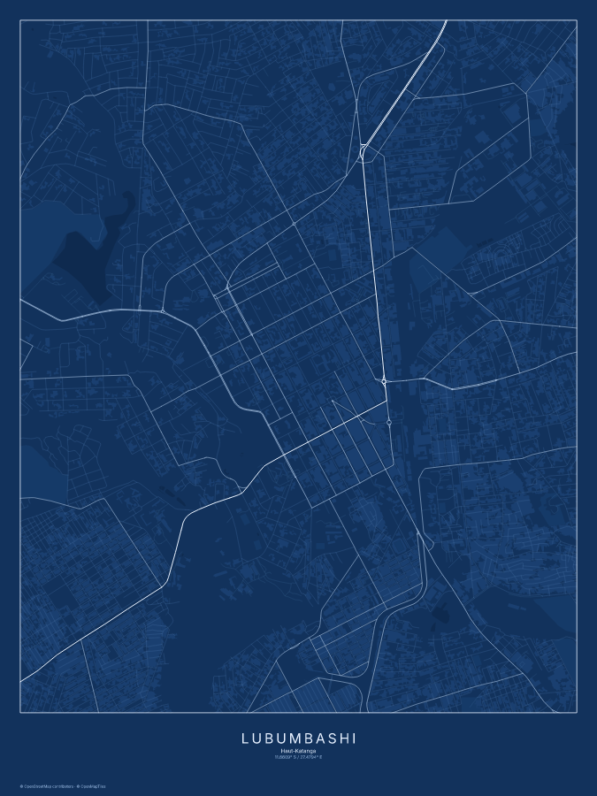 Lubumbashi map poster, blueprint style