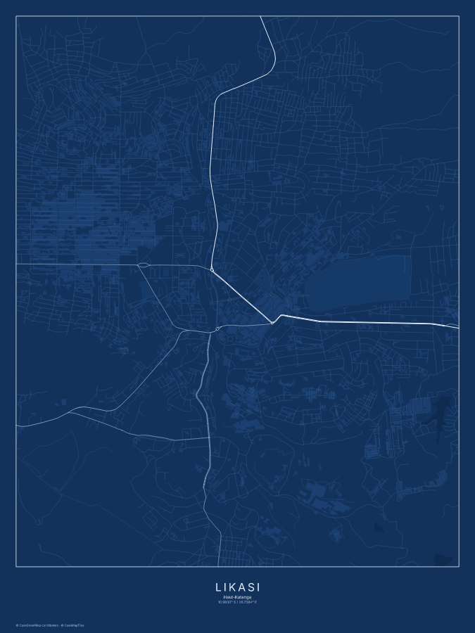 Likasi map poster, blueprint style