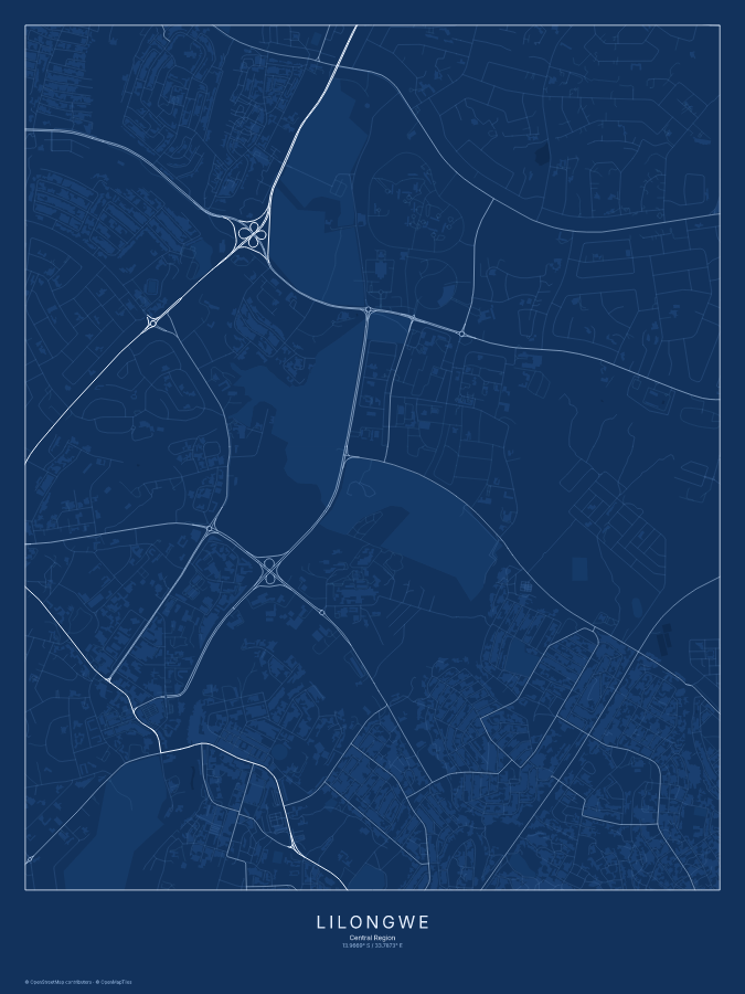 Lilongwe map poster, blueprint style