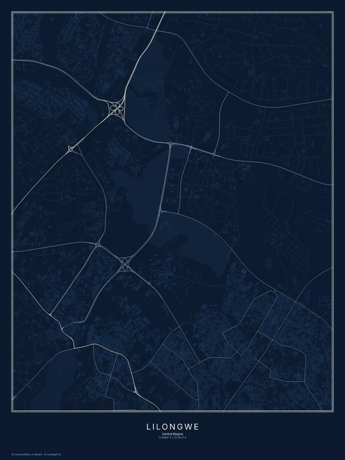 Lilongwe map poster, midnight style