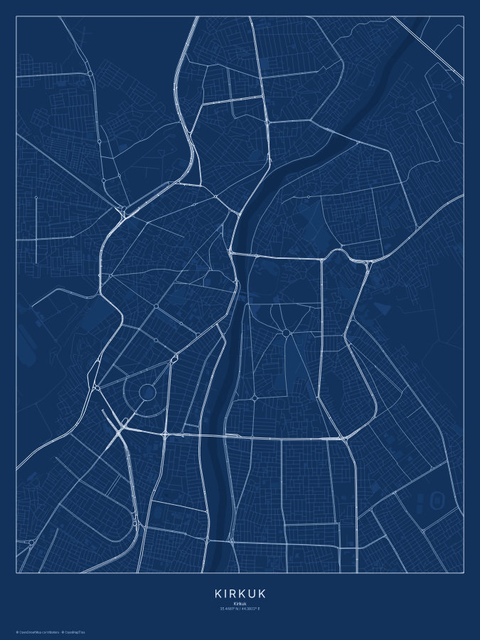 Kirkuk map poster, blueprint style