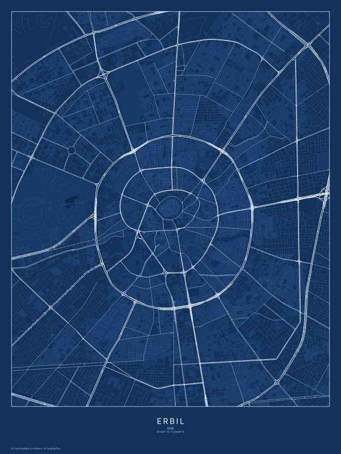 Erbil map poster, blueprint style