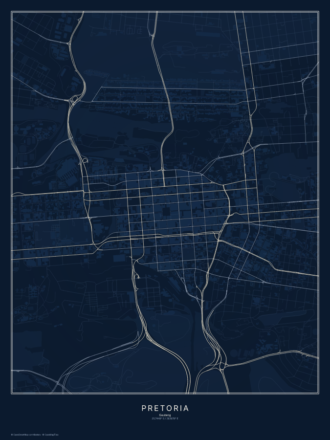 Pretoria map poster, midnight style