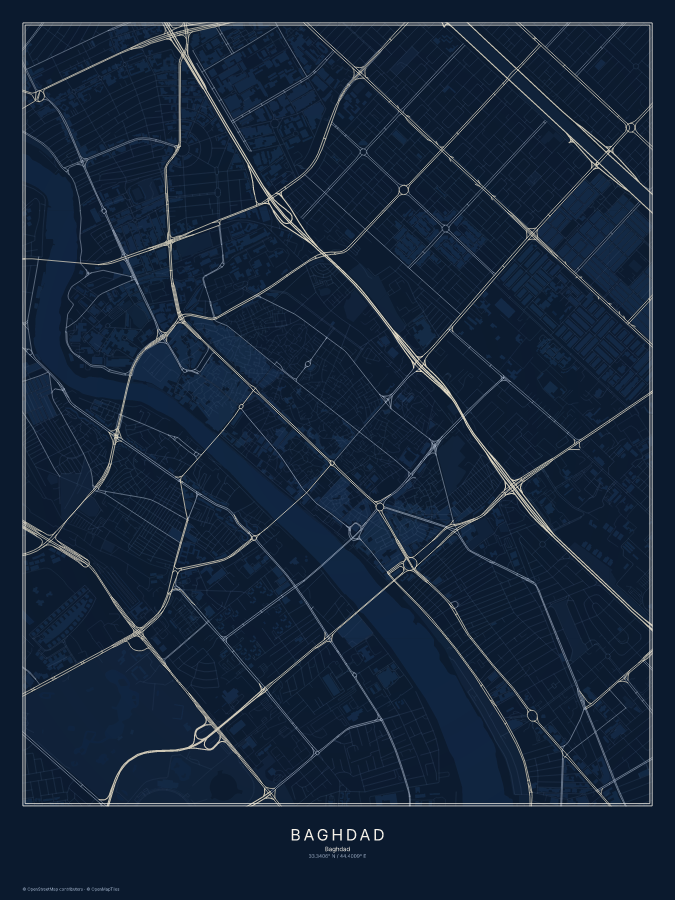 Baghdad map poster, midnight style