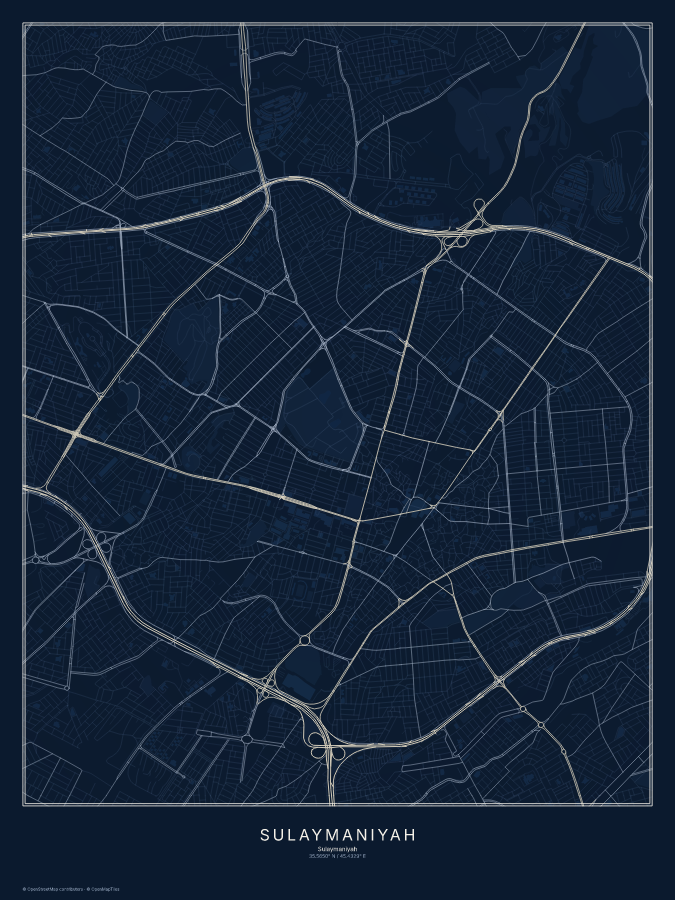 Sulaymaniyah map poster, midnight style