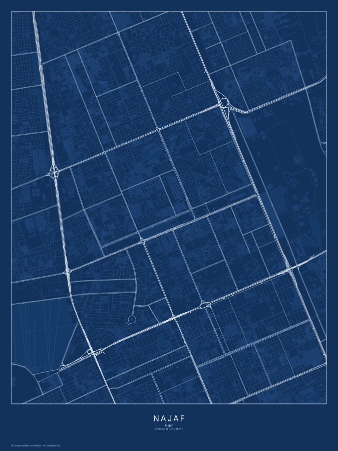 Najaf map poster, blueprint style