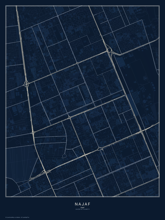 Najaf map poster, midnight style
