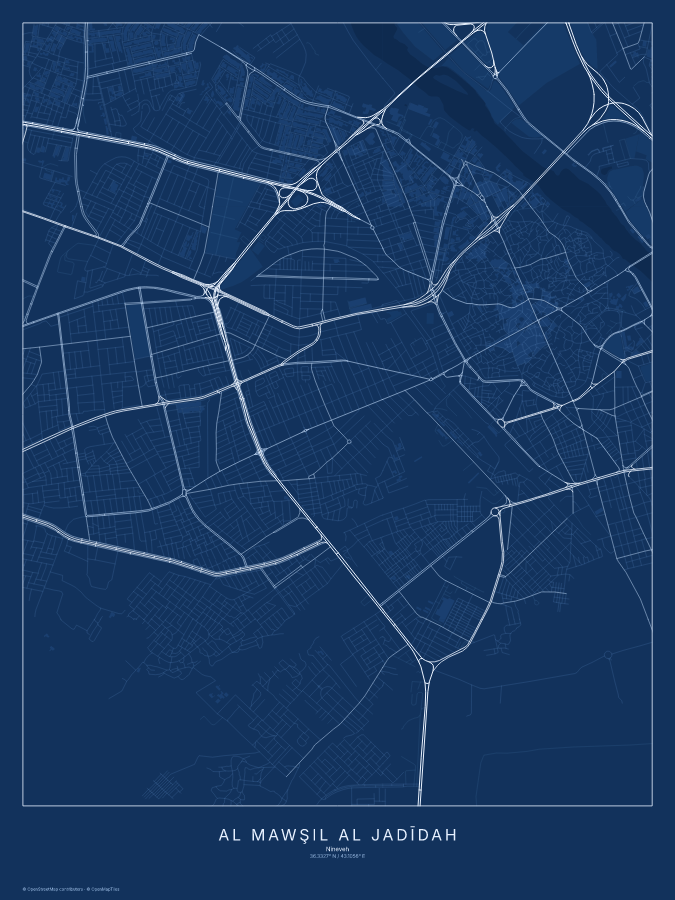 Al Mawşil al Jadīdah map poster, blueprint style