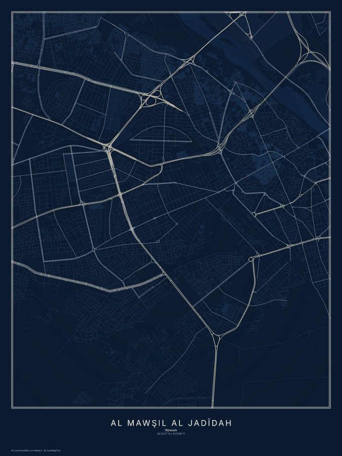 Al Mawşil al Jadīdah map poster, midnight style