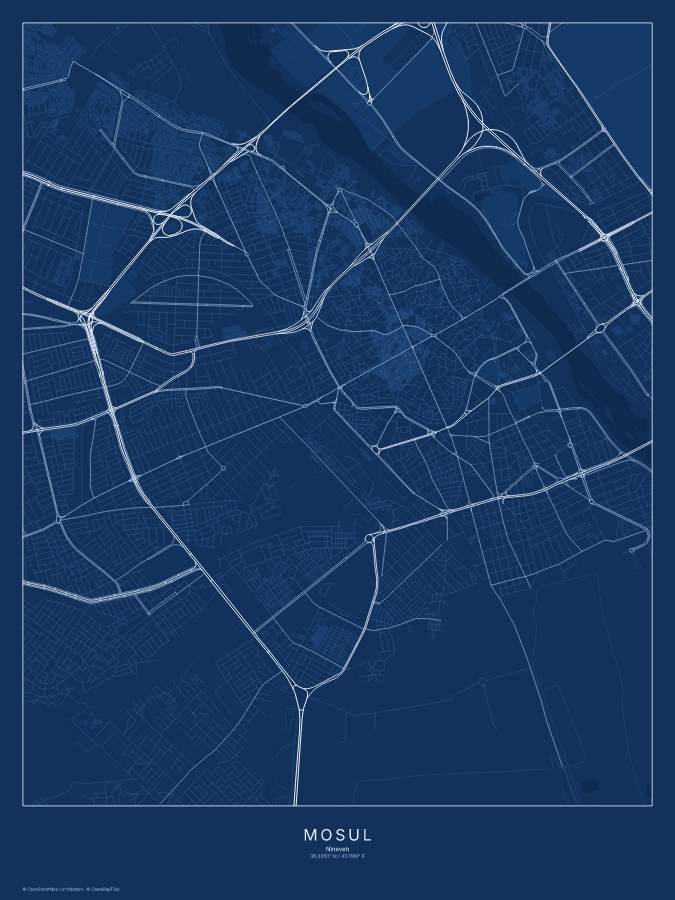 Mosul map poster, blueprint style