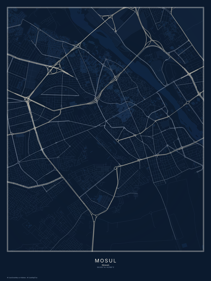 Mosul map poster, midnight style