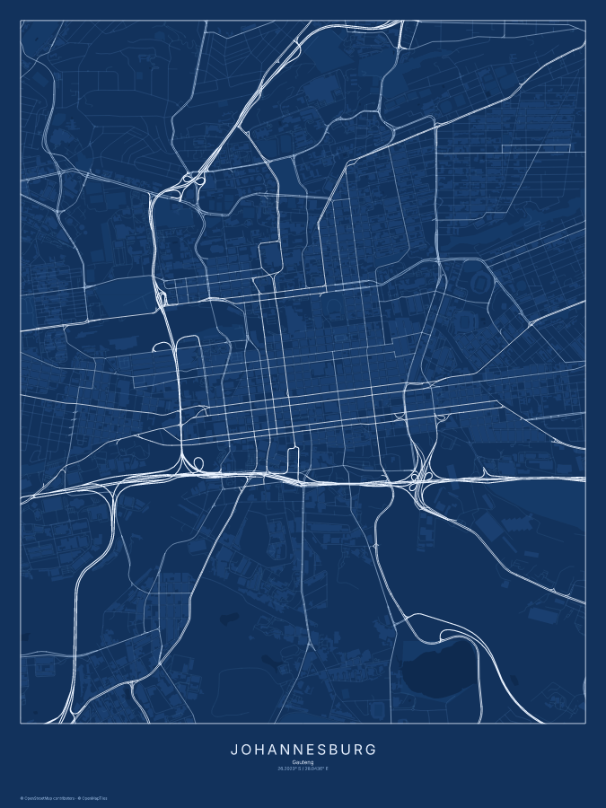 Johannesburg map poster, blueprint style