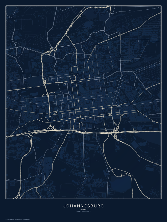 Johannesburg map poster, midnight style