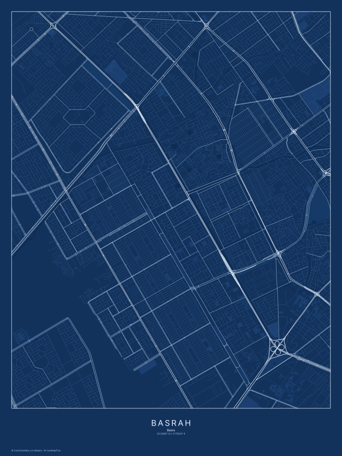 Basrah map poster, blueprint style