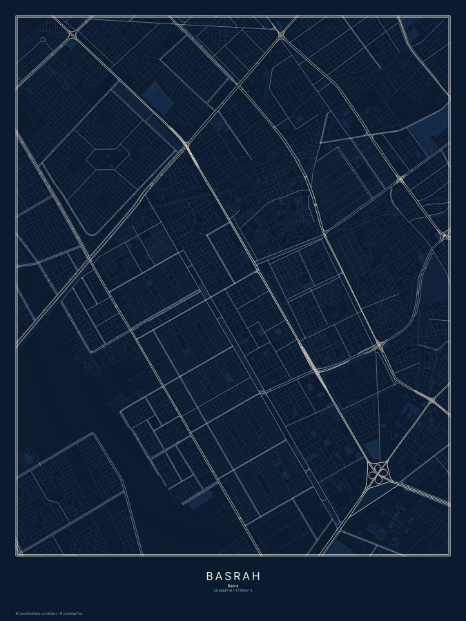 Basrah map poster, midnight style