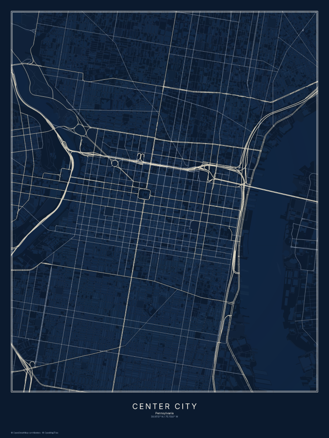 Center City map poster, midnight style